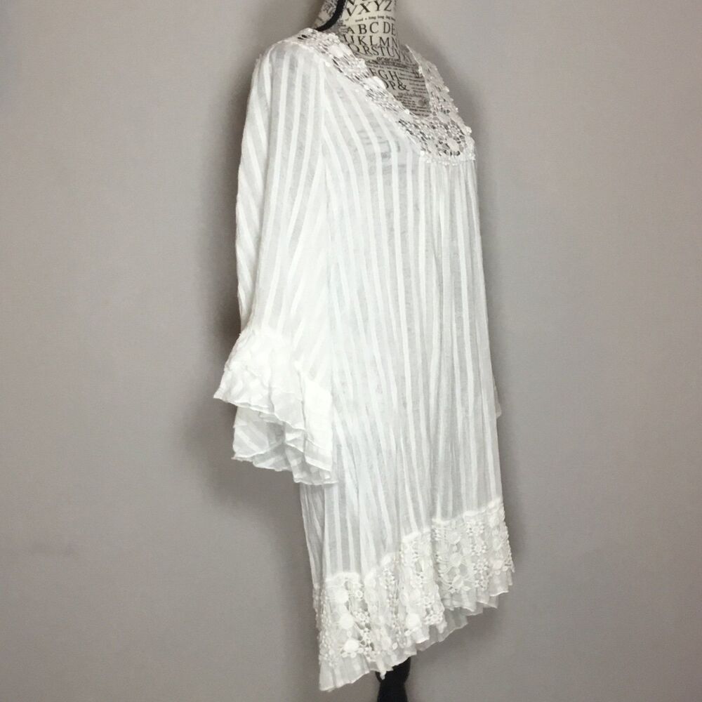 White cotton Victorian tunic dress coverup gauzy ruffle bell sleeve prairie L - Picture 3 of 6